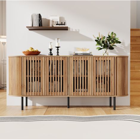 Sideboard 160 x 40 x 70 cm aus MDF in Natur mit 4 perforierten Türen und Metallbeinen (1/5)