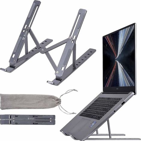 Support pour ordinateur portable de bureau, support ergonomique et portable en aluminium, réglable et pliable, 5 angles d'inclinaison, antidérapant, gris (1/5)