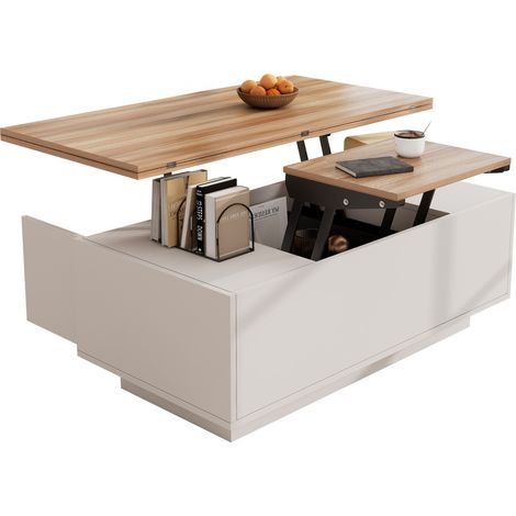 Mesa de Centro Elevable con 2 Tableros Elevables, 2 Puertas y Almacenaje Oculto, para Salón, Blanca, 100 × 50 × 55.5 cm (1/5)