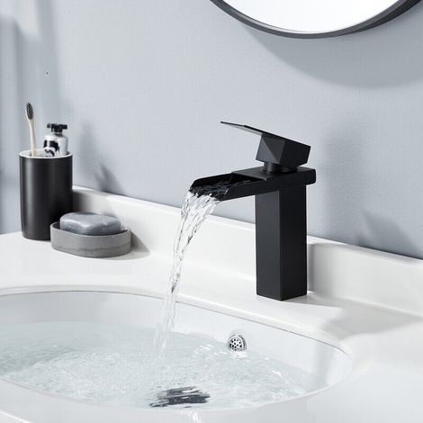 Mitigeur de lavabo Cascade Robinet de Salle Bain Noir Robinet Lavabo en Laiton Robinetterie Chaude et Froide Réglable Design Elégant (1/5)