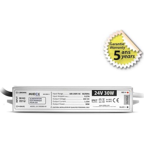 Transformateur LED 30W 24 Volts DC IP67 Miidex Lighting®