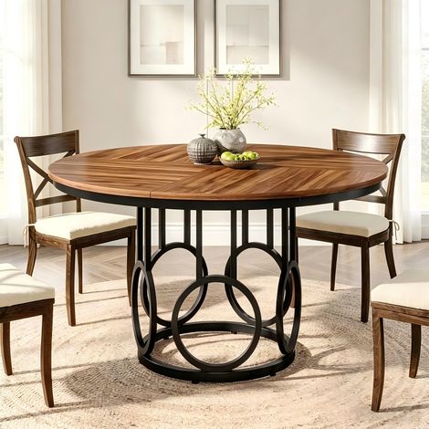Table à Manger Ronde pour 4 personnes - 120 x 120 x 75 cm - Table de Cuisine Avec pied en Métal - Marron (1/5)
