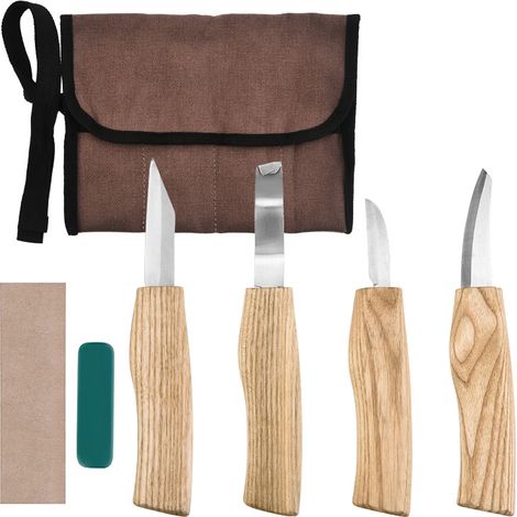 Set mit 7 Holzschnitzwerkzeugen, darunter handgefertigte Holzbearbeitungsmesser, geeignet für Heimwerkerprojekte.