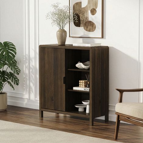 Credenza Lukkodso Comò con Anta e 3 Scomparti Aperti 82 x 75 x 30 cm - Effetto Noce [en.casa] (1/5)
