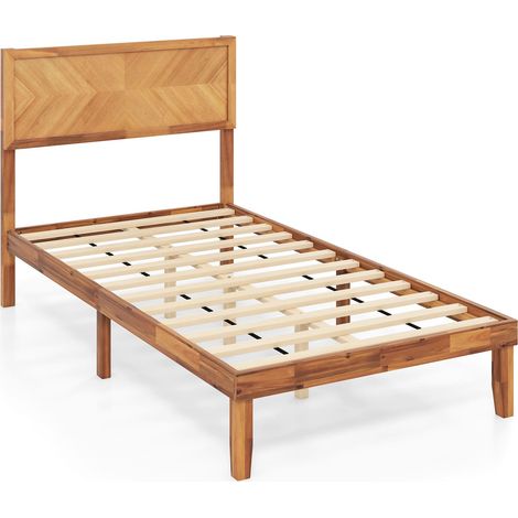 COSTWAY Single Size Bed Frame Acacia Wood Platform Bed w/Headboard-Caramel (1/5)