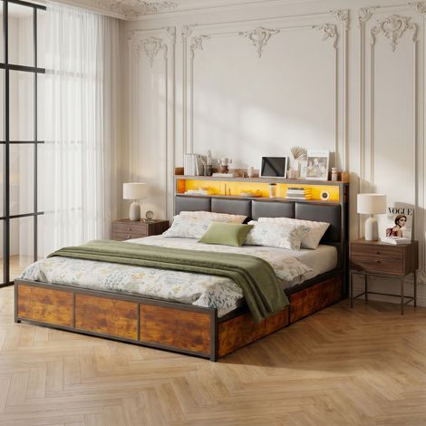 Lit adulte 180x200 cm avec 4 tiroirs, tête de lit avec étagère intégrée et éclairage LED ajustable, lit rembourré avec rangement optimisé, PU, noir (1/5)