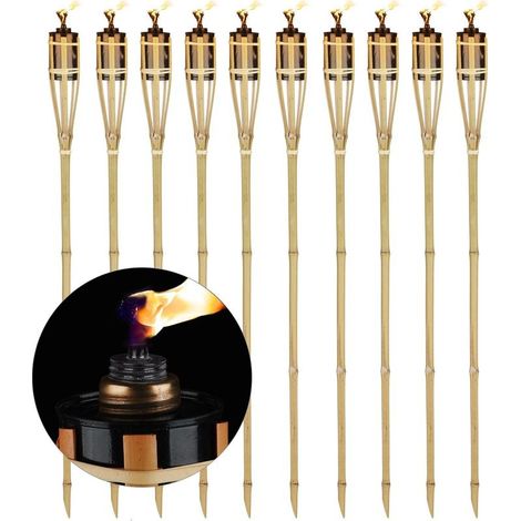 Lot de 10 torches de jardin en bambou Mèche incluse Éclairage d'ambiance 90 cm Réservoir 213 ml pour 4-6 h de combustion (1/5)