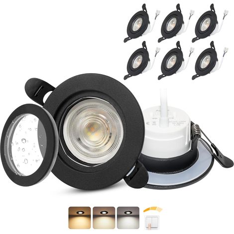 Spot LED Encastrable 230V Dimmable IP65, 6W Spot LED Encastrable Extra Plat Trou 58-75mm, Spots de Plafond Blanc Chaud/Neutre/Froid Spots Etanche Salle de Bain, Noir Lot de 6 (1/5)