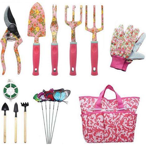 Gartengeschenk in Rosa für Mädchen. 10-teiliges Gartengeräte-Set aus bedruckter Aluminiumlegierung für den Außenbereich.