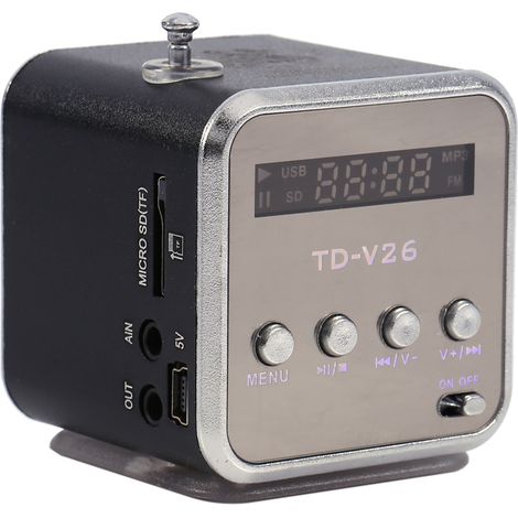 Mini enceinte portable avec lecteur de musique, radio FM et lecteur PC, compatible cartes TF et clés USB, noire. (1/5)