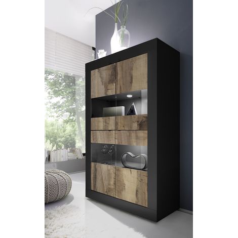 Azura Home Design – Vitrine 4 portes noir mat – Dimensions 102 x 162 x 43 cm – Structure en aggloméré 16 mm – Étagères en verre tempéré 4 mm (1/3)