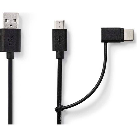 Cable 2 en 1  USB 2.0  USB-A Macho  USB Micro-B Macho / USB-C™ Macho  480 Mbps  1.00 m  Niquelado  Redondo  PVC  Negro  Label (1/3)