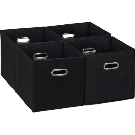 Relaxdays Lot de 4 boîtes de rangement, caisses pliables, HxLxP : 30x30x30 cm, poignées, panières pour étagère, noir