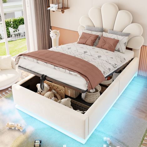 Letto contenitore bambini 90x200 cm con sollevamento idraulico e LED, testiera a fiore, struttura metallo, velluto - beige (1/5)