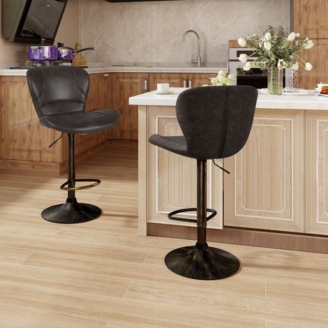 Set of 2 Bar Stools with Adjustable Height and Anti-Slip Metal Base-Brown (1/5)