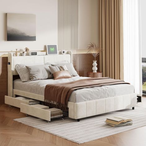 Bett 160x200 cm mit Stauraum, Doppelbett mit USB- und Typ-C-Anschluss, Nachtlicht, Polsterbett mit 4 Schubladen, Kopfteil mit Stauraum, PU-Leder, Weiß (160x200 cm)