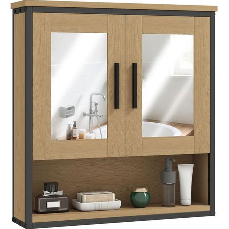 Cabinet of bathroom wall-mounted with mirror, furniture of bathroom with compartment open and shelf adjustable, oak (1/5)