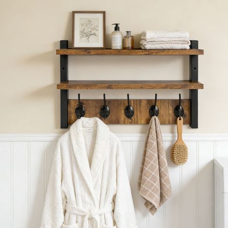 Wandgarderobe, Wandregal mit 5 Haken und Ablage, Garderobenleisten, Flurgarderobe, Hängeregal mit Garderobenhaken, für Flur, Wohnzimmer, Küche (1/4)
