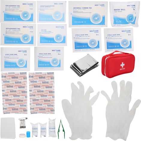 Trousse de secours d'urgence extérieure 17 pièces, pansements adhésifs, compresses de gaze, ruban adhésif médical, kit de soin des plaies, sac de premiers soins portable pour blessures. (1/5)