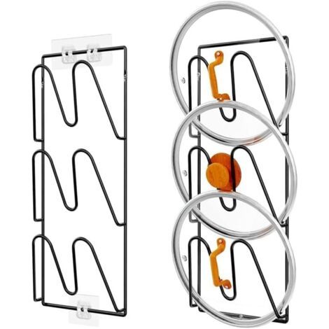 Ensemble de 2 supports de rangement pour couvercles de casseroles, porte-couvercles à 3 niveaux, sans perçage, adhésif mural, antirouille pour ranger casseroles et poêles. (1/5)