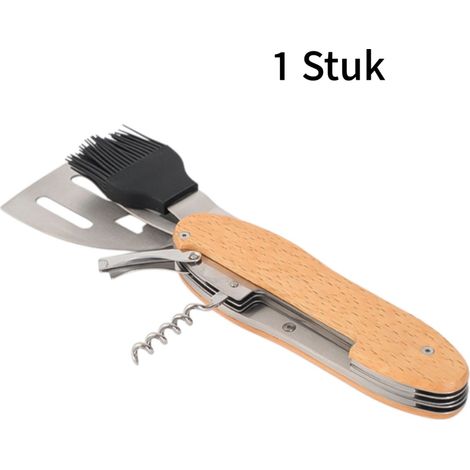 Outil de barbecue 4 en 1 en acier inoxydable avec manche en bois comprenant spatule brosse fourchette et ouvre bouteille pour barbecue camping et cuisine couleur bois naturel (1/5)