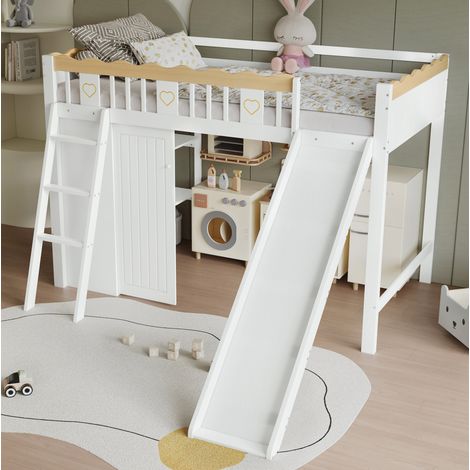 Cama alta infantil con tobogán y armario 90x200 OKMYHOME (1/5)