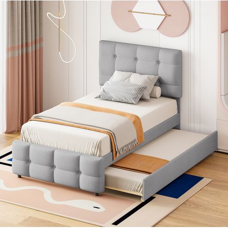 Kinderbett 90 x 200 cm mit Ausziehbett, verstellbares Kopfteil, Leinenoptik HAVRYA (1/5)
