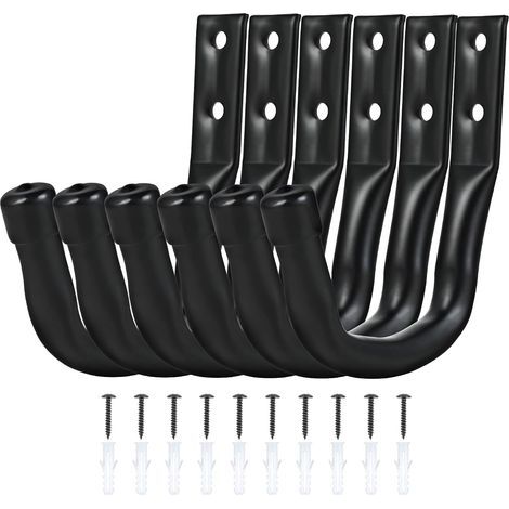 Crochets Muraux Garage 6 Pièces, Crochets Lourds de Suspension, Supports Muraux pour Vélo, Échelle, Outils de Jardin, Tuyaux, avec Vis et Chevilles, Noir (1/5)