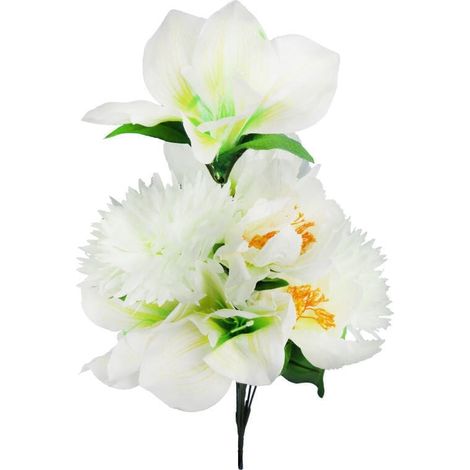 Bouquet bianco di lussuosi fiori artificiali: Giglio, Amarillide, Crisantemo - 9 pezzi, altezza 58 cm (1/4)