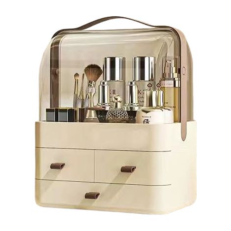 Kosmetikaufbewahrungsbox mit geschlossener Schublade, die auch als Display für Hautpflegeprodukte dient. Beige, 1 Stück. (1/5)