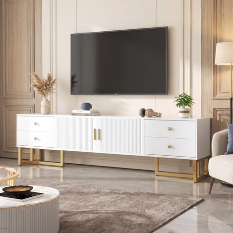 Meuble TV 175 cm avec 4 Tiroirs et 2 Portes, Pieds et Poignées en Métal Doré, Style Moderne, Blanc (1/5)