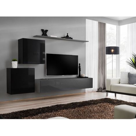 Ensemble mural - Switch V - 1 vitrine carrée - 1 banc TV - 1 étagère - Noir et graphite - Modèle 2 - Livraison gratuite