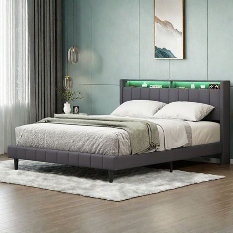 Lit 160x200 cm - TANANT - Modèle avec LED et port USB - Tissu en lin - Couleur gris - 2 places (1/5)