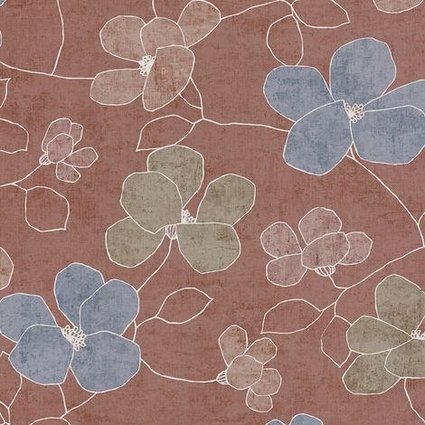 Blumen Tapete Profhome 791471 heißgeprägte Vliestapete leicht strukturiert mit floralen Ornamenten matt rot blau braun-beige oliv-grün 5,33 m2