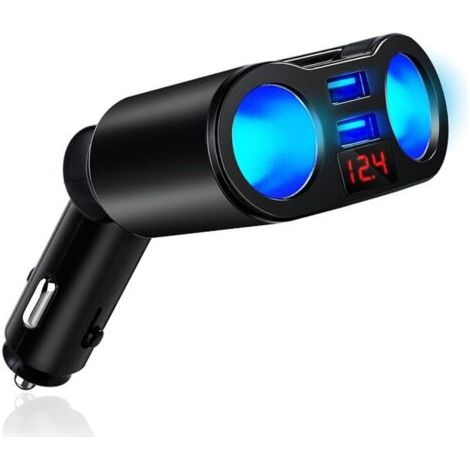 Répartiteur Chargeur Voiture avec 2 Prises Allume-Cigare, Répartiteur Allume-Cigare, Chargeur de Voiture Allume-Cigare, Charge Rapide 12V/24V, Voltmètre Intégré, Adaptateur pour Téléphone, Tablette (1/4)