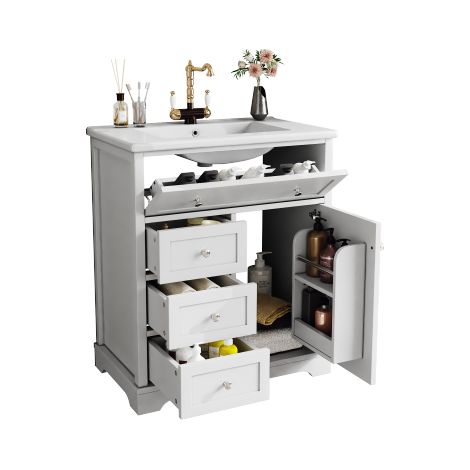 Meuble de salle de bain autoportant 76×46×87 cm avec lavabo, meuble bas, finition laquée résistante à l'humidité, glissières de tiroirs silencieuses, cadre de porte, tiroir rabattable, vasque en céram