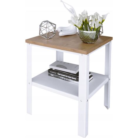 Table à visser avec étagère, style loft industriel, salon 40x40x45, blanc et chêne, Lancelot (1/4)