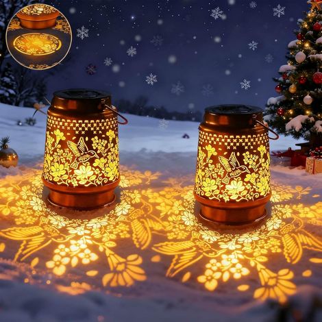 Lot de 2 lanternes solaires d'extérieur à LED en forme de colibri pour extérieur et jardin, en métal, résistantes aux intempéries, décoration de balcon, lampes solaires, cadeaux pour terrasse (1/5)