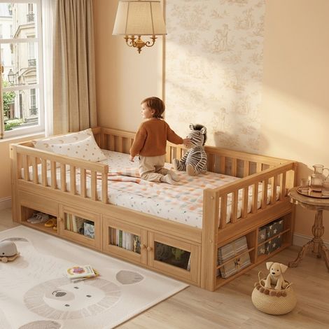 Lit enfant rangement style naturel en bois 90x200 cm avec barrières de sécurité, tiroir, armoire 2 portes et sommier à lattes (1/5)