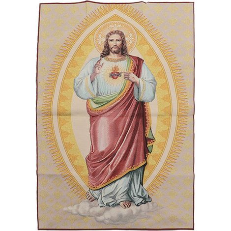 Icône Sacré-Cœur de Jésus Style Baroque en Brocart de Soie Doré - Décoration Murale Chrétienne 100x60 cm (1/5)