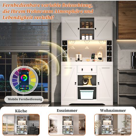 Armoire haute cuisine et à vin 180×105×40 cm. Étagères réglables,tiroir,porte-verres,éclairage LED et prises.