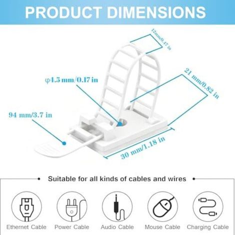 50 clips pour câbles blancs, supports pour câbles autocollants et vissables, réutilisables et réglables - gestion des câbles pour bureau, télévision, atelier (1/4)