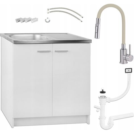 Küchenschrank 80x50 - Weiß - mit Spüle und beige Wasserhahn - Praktisch und Elegant