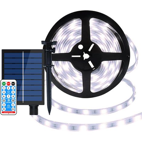 Ruban LED Solaires Exterieur 10M 240LED Étanche Bandes LED Solaires Découpable 8 Modes Strip Light avec Télécommande pour Jardin Terrasse Noël Mariage Fête (Blanc) (1/5)