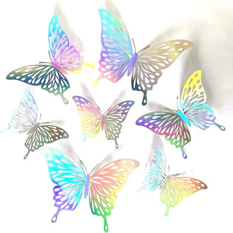 Autocollant Papillon 3D - Papillon Creux en Papier Métallique Argenté - Décoration Murale Fenêtre Porte Bureau Salle de Classe - Lot de 72 Pièces (1/5)