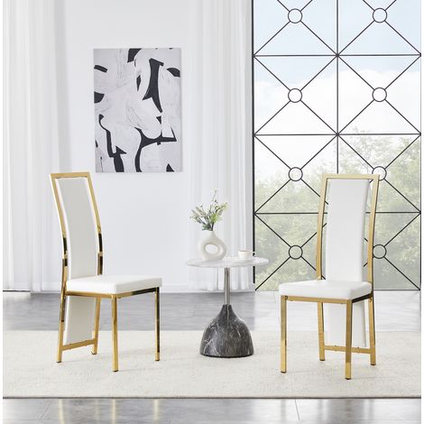 Sedia da pranzo in metallo e PU bianco con dettagli oro, schienale alto, set da 2,44×42.7×109cm (1/5)