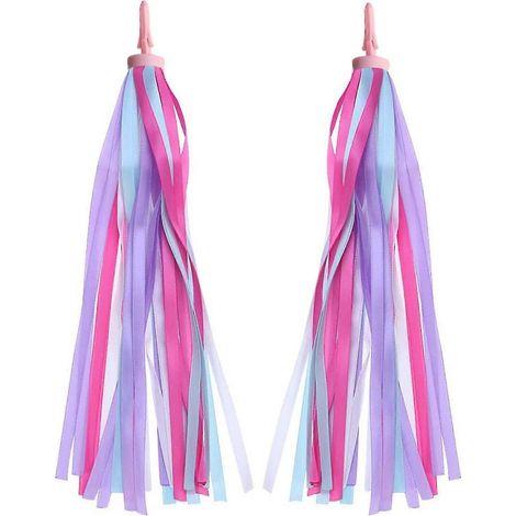 2 rubans à pompons pour guidon de trottinette garçon/vélo enfant, couleur violette. (1/5)