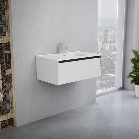 Inda - Badezimmerschrank 1 Schublade B.80 mit glänzendem Waschbecken / Weiß glänzend - Smeraldo (1/5)