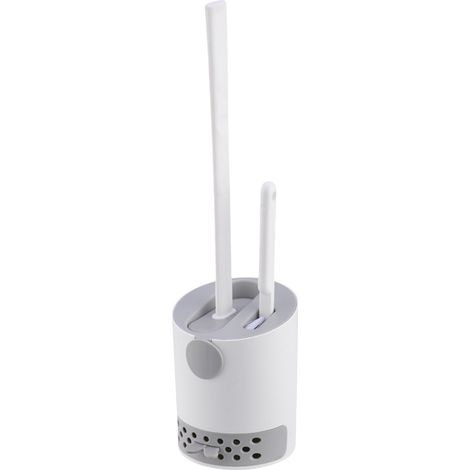 Set de 2Brosses et supports de toilette, poignée antidérapanteBrosse de toilette en silicone à poils plats flexibles,Base à séchage rapide de type tiroir, gris etBlanc, (montage au sol / mural) (1/5)