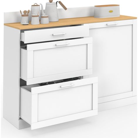 Küchenbuffet 120 cm Frontauszug VITO Arbeitsplatte H.83 cm 1 Tür + 3 Schubladen weiß und Buchenholzplatte (1/5)